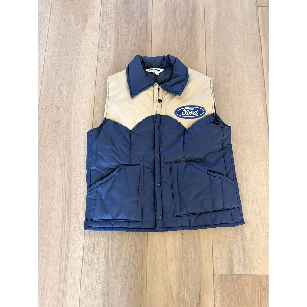 Vtg 70s Horizon Sportswear Ford Puffer Vest Jacket Men’s Large Made USA Blue Tan